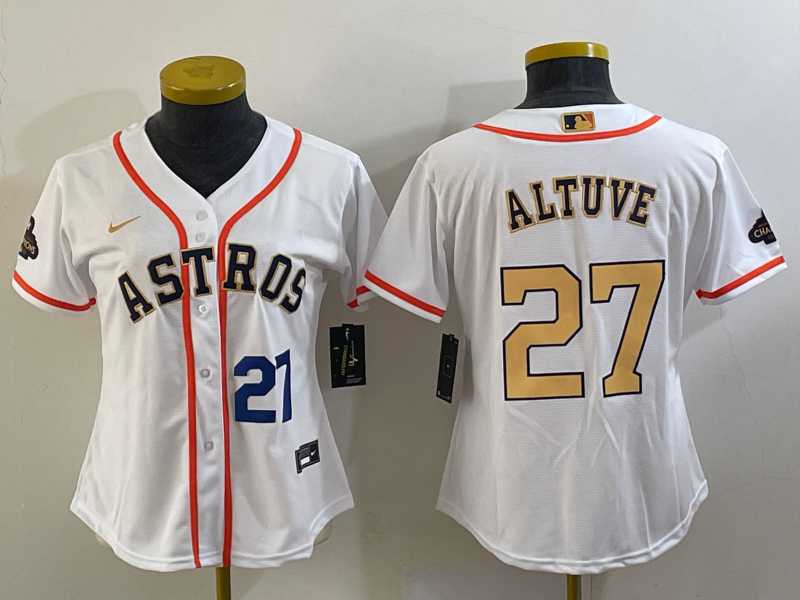 Women's Houston Astros #27 Jose Altuve Number 2023 White Gold World Serise Champions Patch Cool Base Jersey